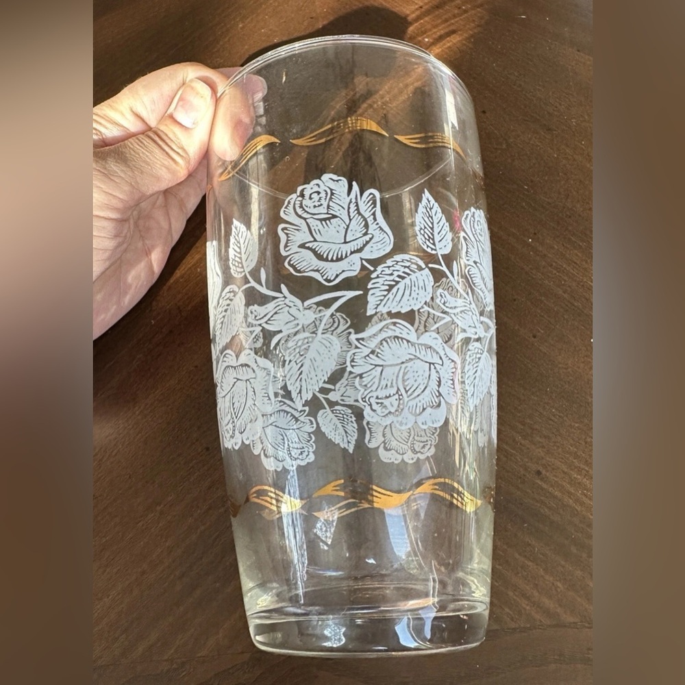 Vintage Libbey White Roseβ Bouquet Large Glass Vase, Gold Trim